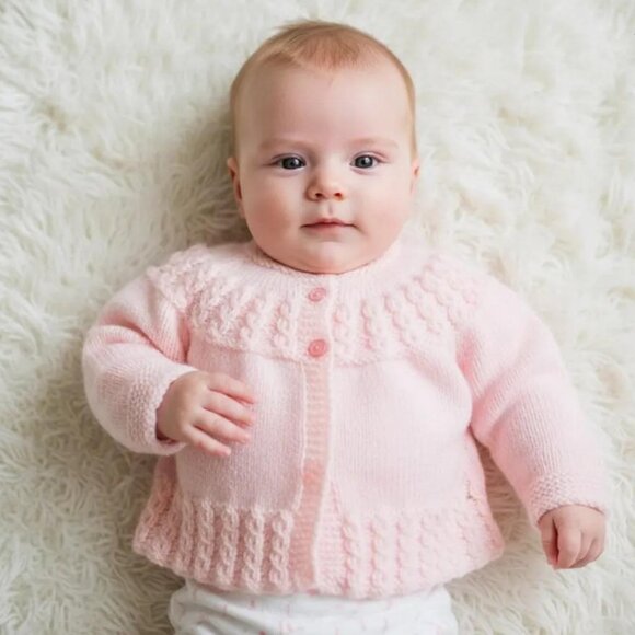 2 Piece Hand-Knit Light Pink Baby Dress and Matching Cardigan - Picture 2 of 15
